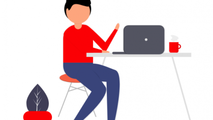 stylized woman sitting at laptop