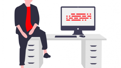 stylized person sitting on computer desk